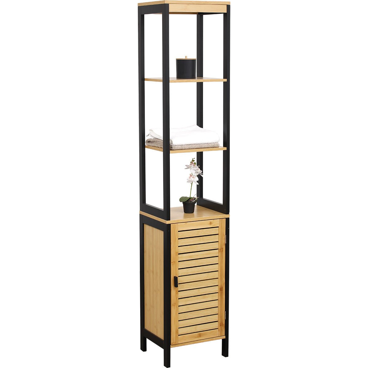 Dulap coloană MDF/Bambus cu 3 rafturi deschise + ușă – Cebu - Dulap - Softambient